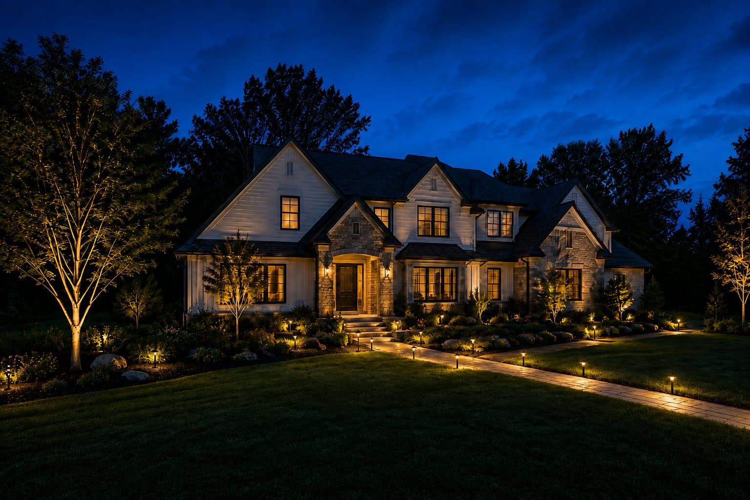 Lighting concept of a home at night with path lights along the walkway, uplighting in the trees, and soft washes across the garden beds