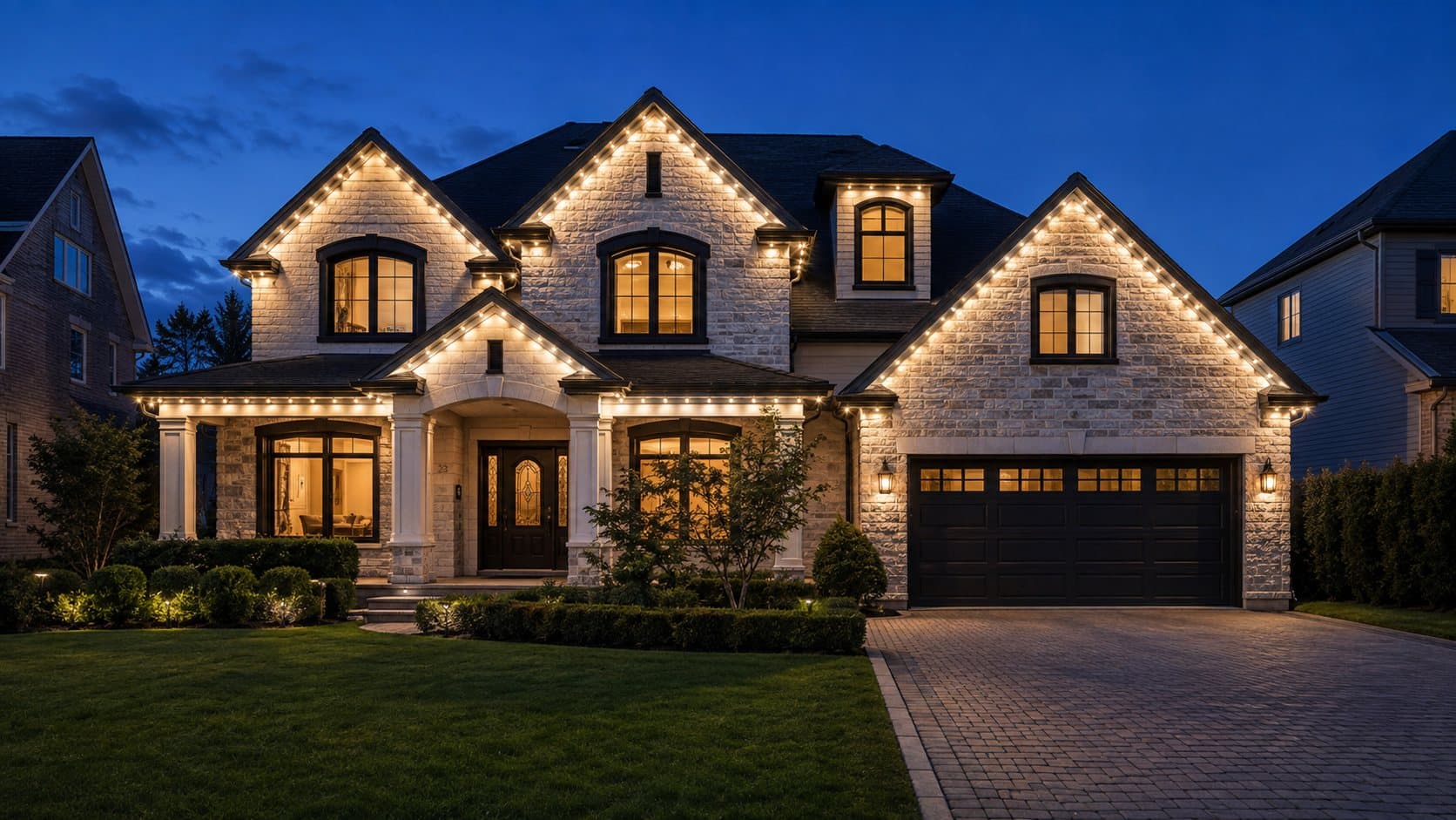 Lighting concept of a stone home at night with warm white permanent roofline lighting along the eaves, gables, and dormers