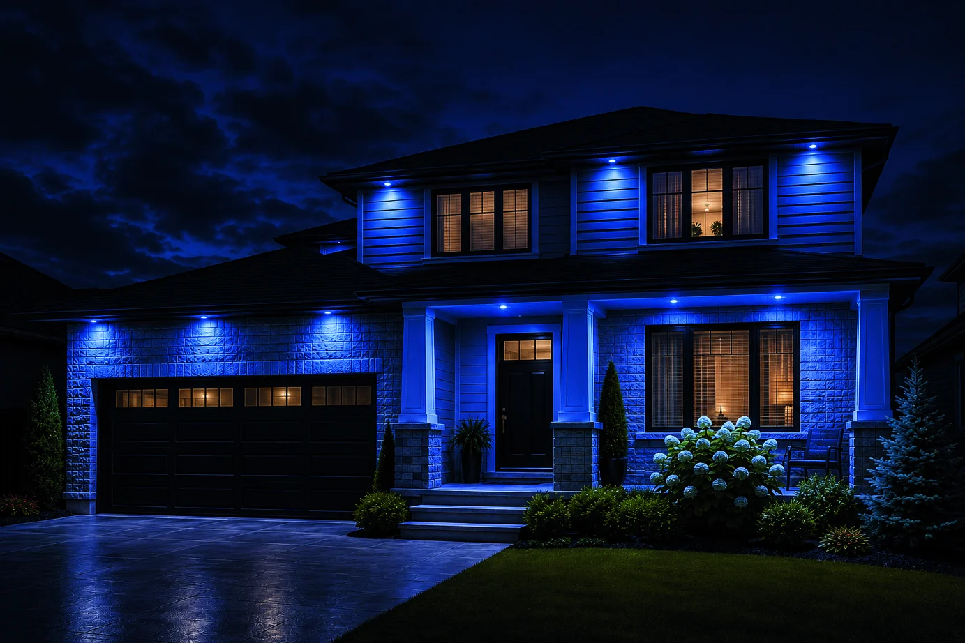A two story home at night with its soffit lights set to blue beneath the eaves