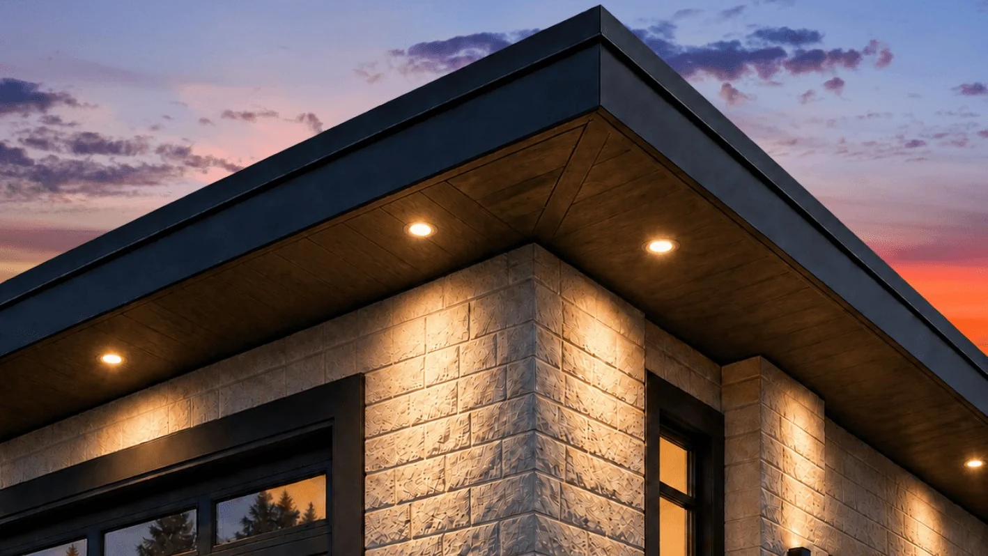 Soffit lights beneath the eave of a stone home at dusk, washing the walls in warm light