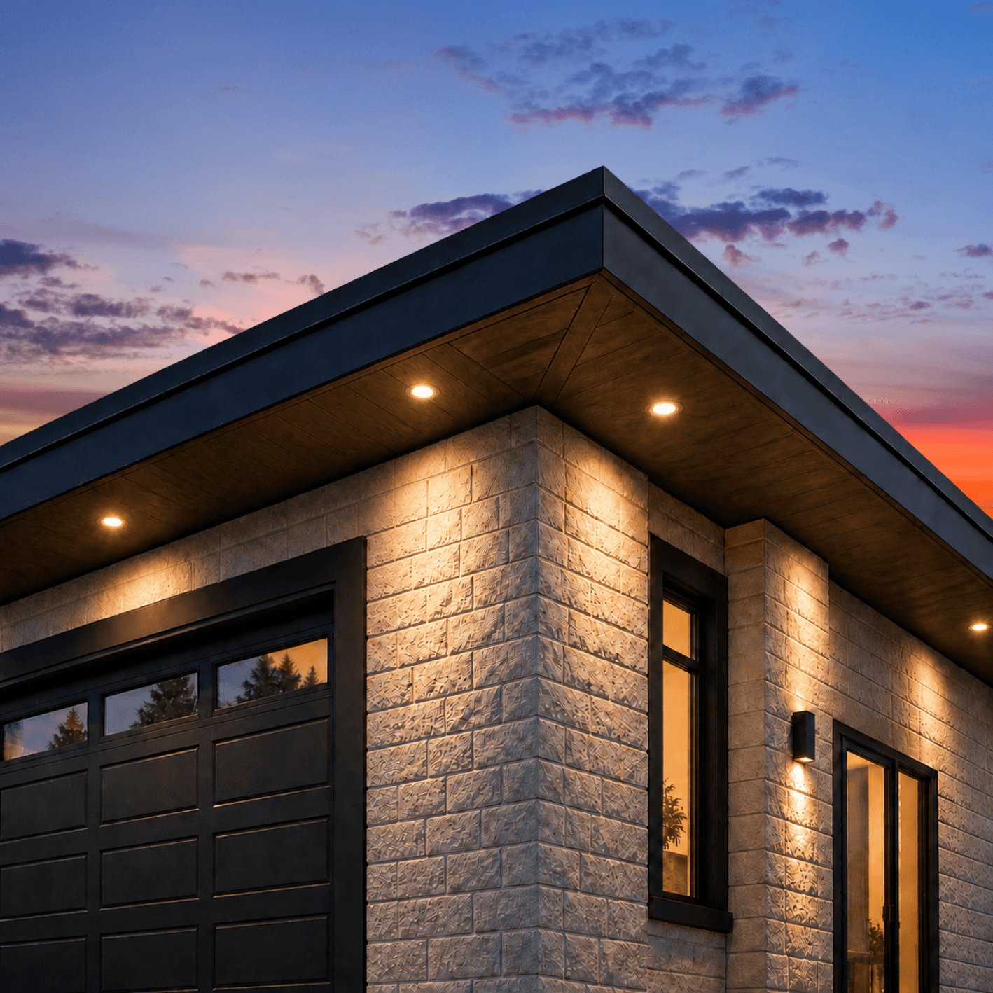 Corner of a stone home at dusk with downlights beneath the soffit washing both walls