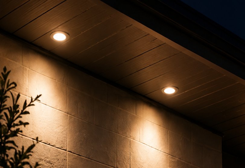 Two round lights under a wood soffit casting light down a block wall