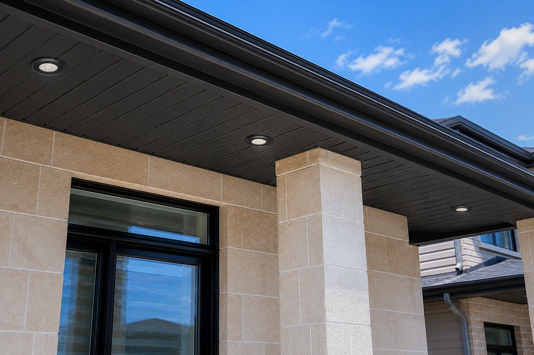 Three round downlights mounted beneath a dark soffit in daylight