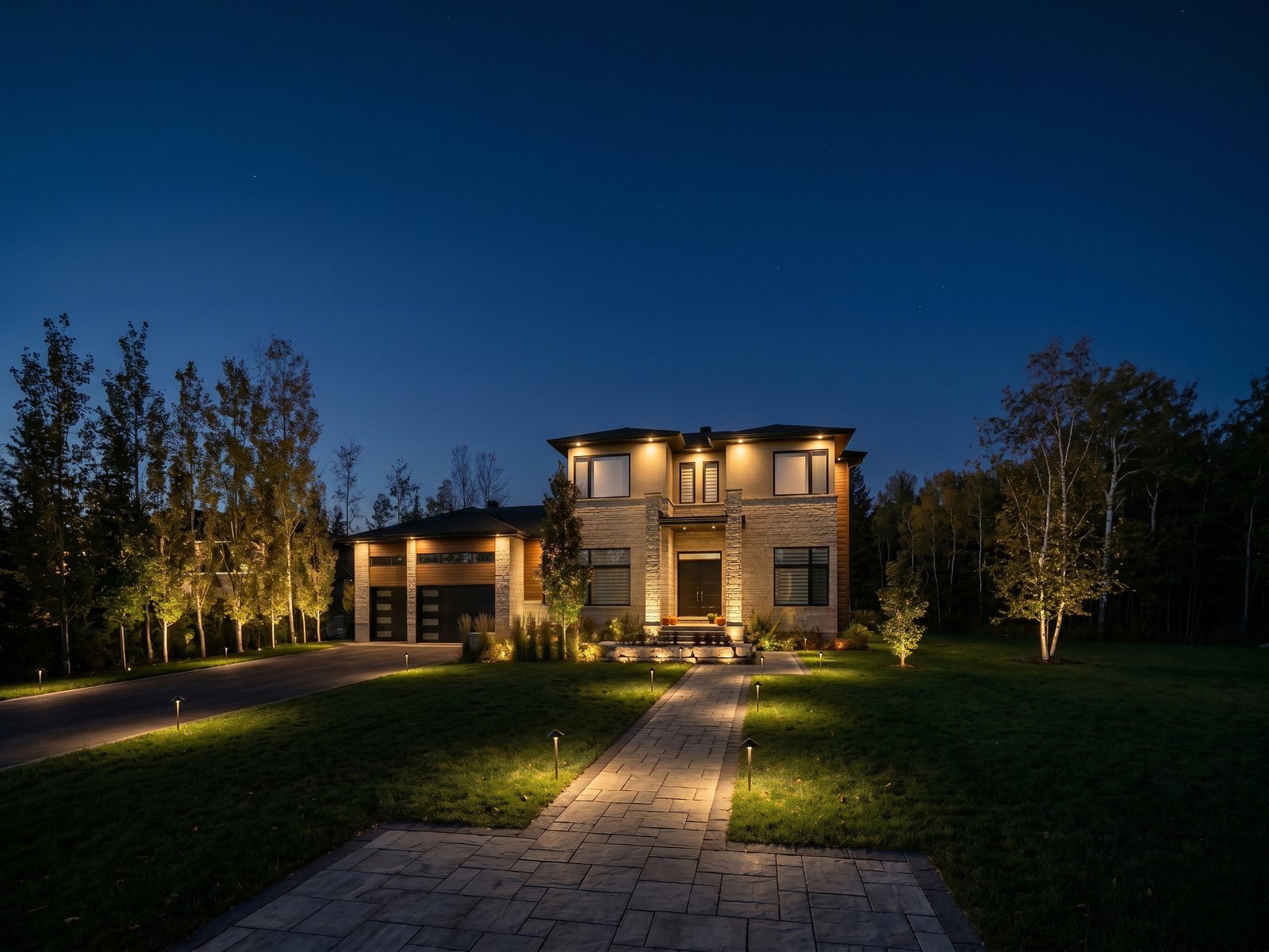 A modern home at night with path lights along the walkway and uplit trees