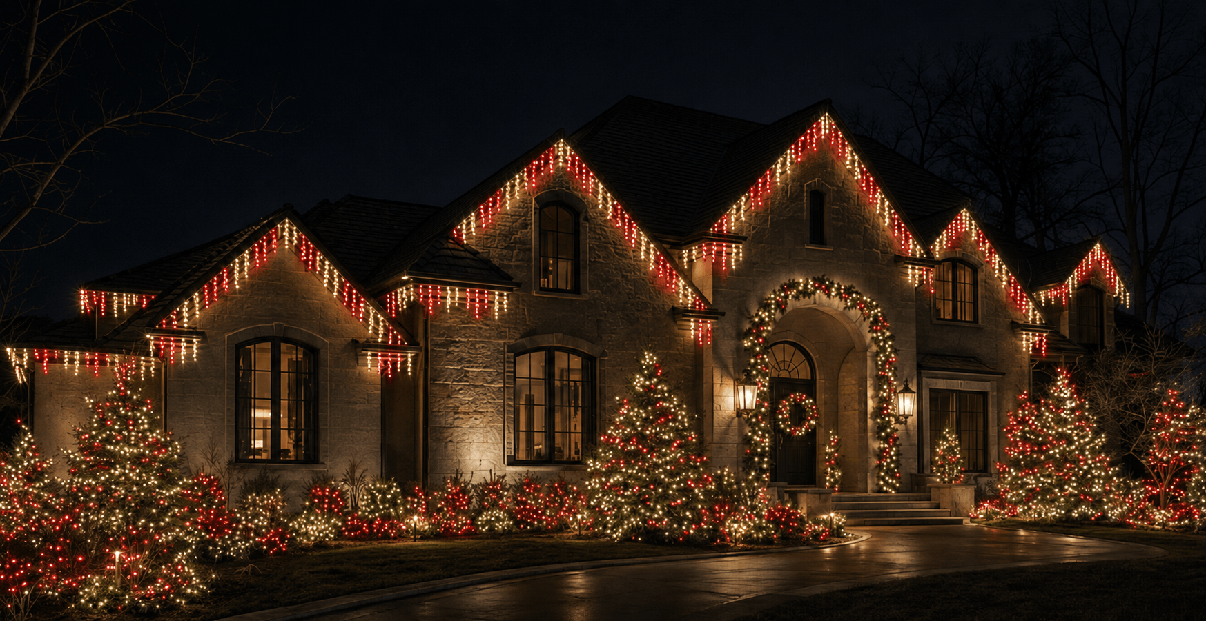 Lighting concept sequence on a stone estate: shown at dusk, then red and white icicle lighting comes on along every roofline while the trees and shrubs across the grounds light up with it