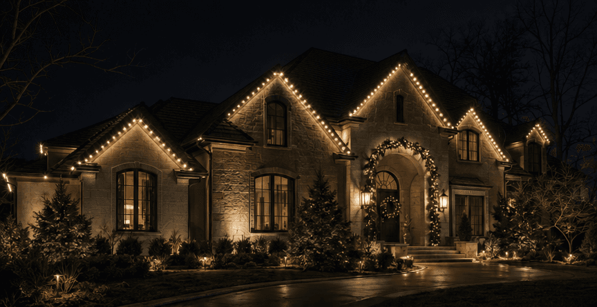 A home at night with warm roofline lighting, lit evergreens, and an illuminated entry