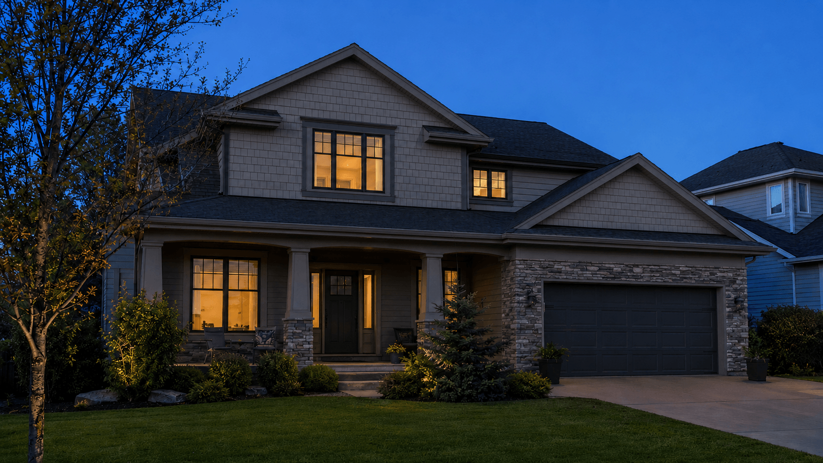 Lighting concept sequence on the sample two story home: shown in daylight, then crisp architectural white permanent roofline lighting comes on at dusk