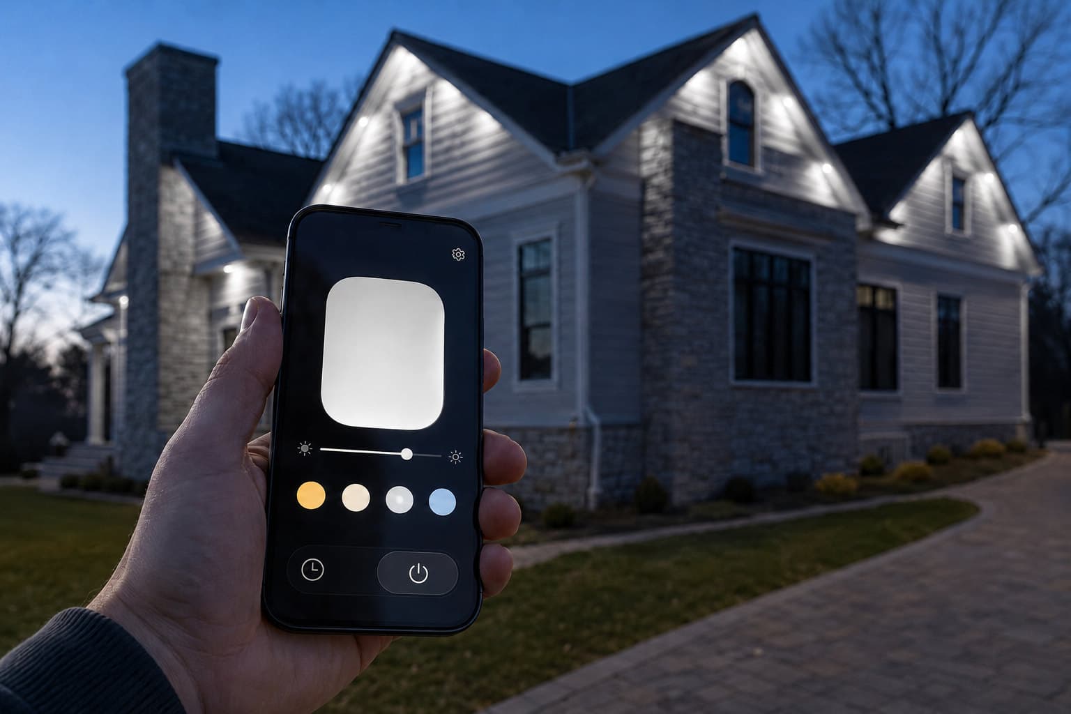 Illustration of a phone lighting control screen held in front of a home glowing with architectural white roofline lighting at dusk